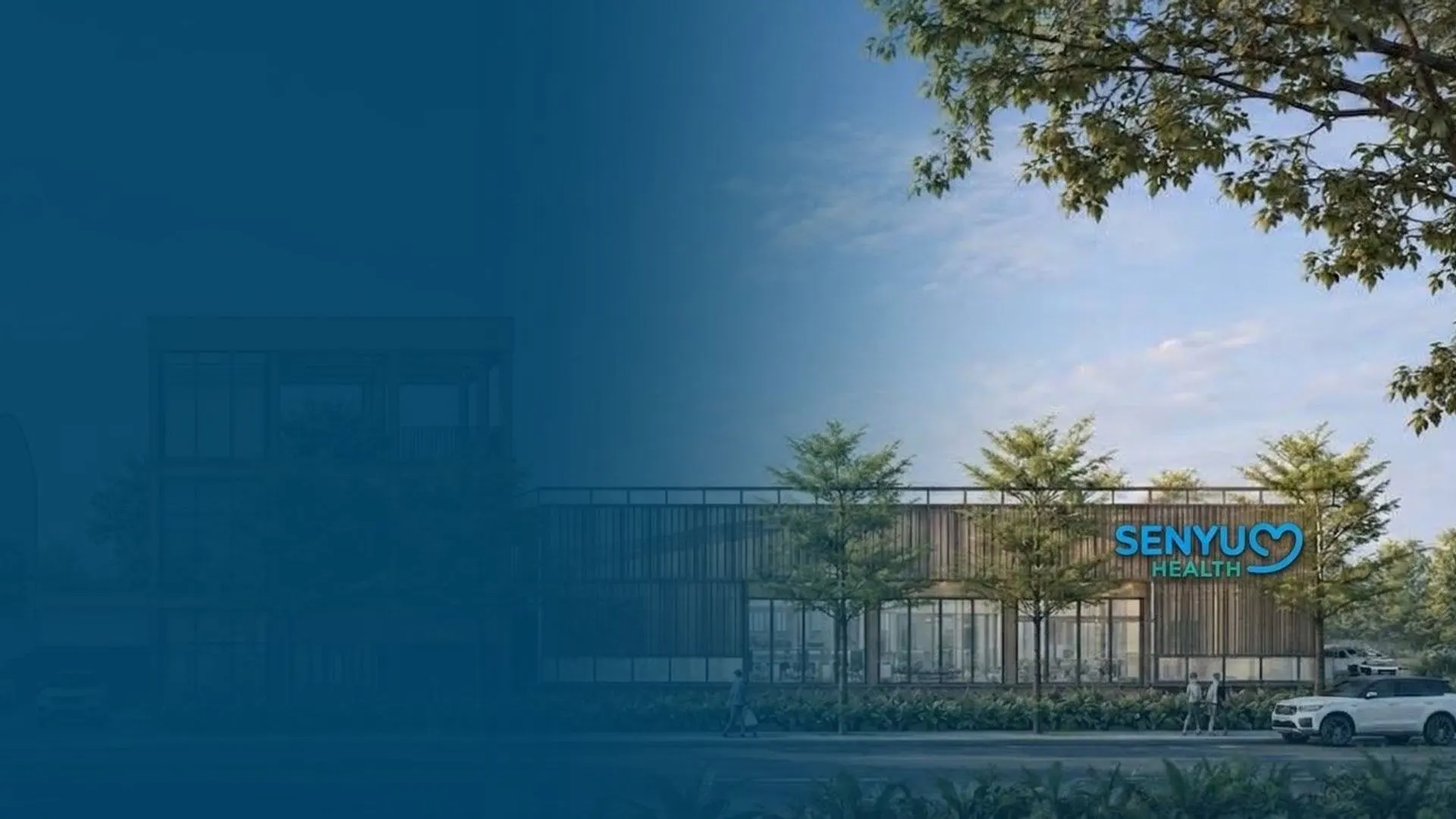 Render fasad Senyum Health di CIBIS Park: bangunan satu lantai berfasad kayu dengan pepohonan di depannya
